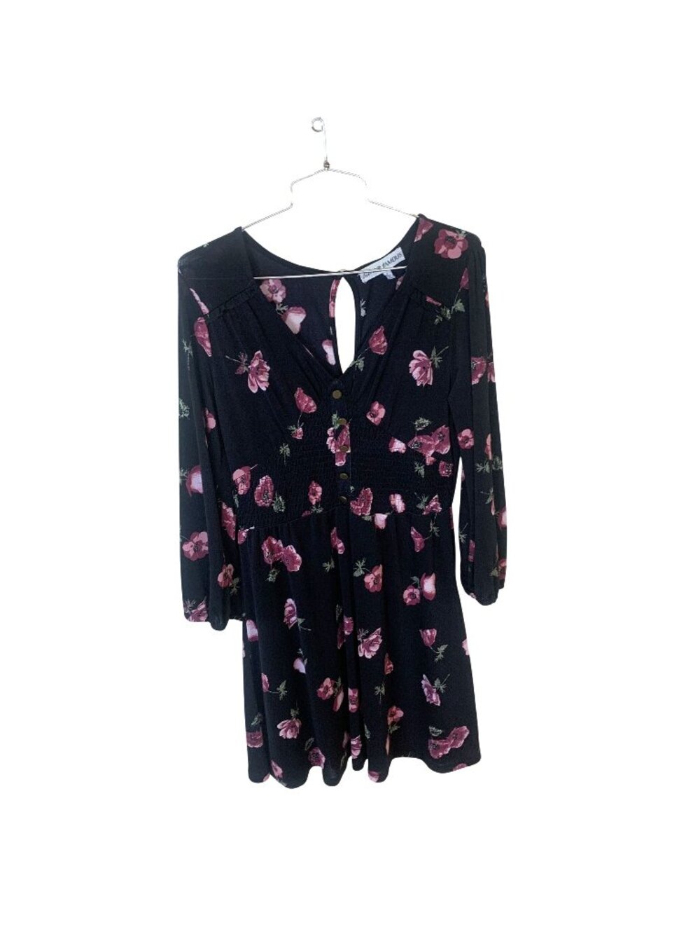 Almost Famous Womens Mini Dress Black Floral Smocked Waist Keyhole Back Large